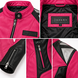 Pink Leather Jacket <b>Womens</b> Black Contrast Silver Shoulder Biker Fit Zipper Cuff Custom Racer <b>Outerwear</b> Track Coat Brand Darkry - Product Image 6
