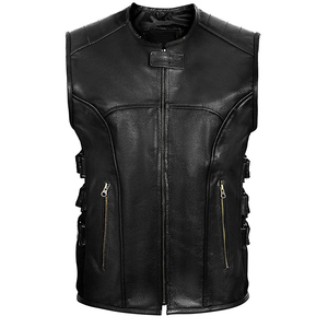 Chaleco de Cuero Genuino para Hombre, Estilo Motociclista, Cuello Alto, Cierre de Cremallera, Color Sólido, Largo Regular - Product Image 1