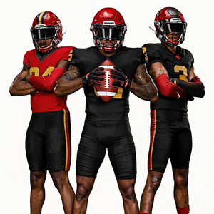 ชุดยูนิฟอร์มอเมริกันฟุตบอลแบบกำหนดเอง สีดำ แดง ทอง เสื้อเจอร์ซีย์และกางเกงขายาว ชุดกีฬาทีมระบายอากาศได้ดี ดีไซน์ระดับพรีเมียม - Product Image 1
