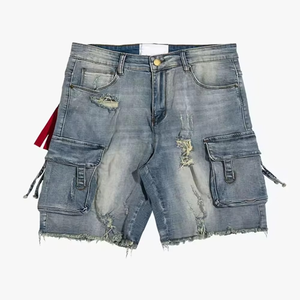 Shorts cargo en jean délavé pour homme, taille mi-haute, déchirés et usés, multi-poches, style décontracté d'été, tissu tissé - Product Image 1