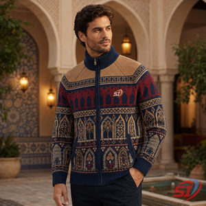 Veste en tricot jacquard personnalisée pour homme en laine/acrylique, avec fermeture éclair intégrale, cardigan côtelé, tricotage de style traditionnel, OEM ODM - Product Image 6