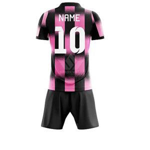 Ensemble de maillots de football personnalisés rose et noir rayés, sublimés, 100 % polyester, col rond, manches courtes, uniforme d'équipe adulte, imprimé sur le devant - Product Image 4