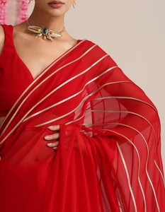 KV <b>Red</b> and Gold Triangle Impression Georgette <b>Saree</b> With Unstitched Blouse - Product Image 2