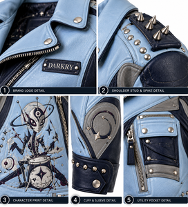 Blouson en cuir pour femme, bleu, imprimé graphique, à clous, style moto, service OEM/ODM personnalisé, fabrication sur commande - Product Image 6
