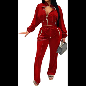 Conjunto Deportivo de 2 Piezas para Mujer Adogirl, Sudadera de Terciopelo con Cierre Completo + Pantalones Deportivos Anchos, Conjunto de Chándal para Descansar - Product Image 1