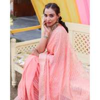 Saree Wanita India Trendy Bahan Chiffon Cepat Kering untuk Festival, Pernikahan, Pantai, Semua Musim, Motif Paisley Peach dengan Hiasan Gotta, Ukuran XS