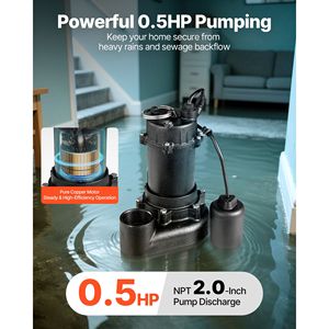 Pompa Sommergibile per Acque Reflue/Effluenti da 1/2 HP 4800 GPH, Automatica, Scarico NPT da 2 Pollici, in Ghisa con Interruttore a Galleggiante con Cordino - Product Image 2