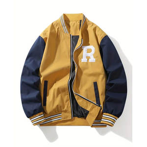 Chaqueta Varsity para Hombre, Amarillo y Azul Marino, Bordada, con Cierre Frontal, Talla Grande, Corte Regular, para Otoño - Product Image 1