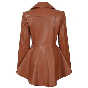 Women's Cognac Brown Wax Peplum 100% Real Lambskin Leather Asymmetrical Zip Closure <b>Jacket</b> - Product Image 3