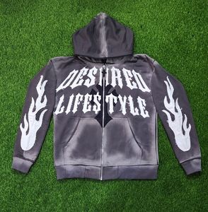 เสื้อฮู้ดดี้ผู้ชายทรงบ็อกซี่แบบซิป ผ้าฟลีซสไตล์เรโทร แต่งดีเทลขาดๆ แบบดรอปโชว์เดอร์ สปอร์ตแวร์ลำลองขายดีอันดับต้นๆ - Product Image 5