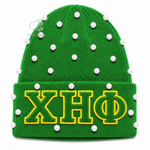 Bonnet en tricot vert orné de perles pour femmes de la sororité Chi Eta Phi, avec lettres grecques brodées en chenille, chapeau d'hiver décontracté - Product Image 1