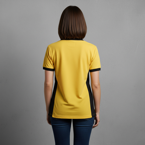 เสื้อเชิ้ตผู้หญิงสีเหลืองดำตัดกัน แขนสั้น พิมพ์ลายดิจิตอลตามสั่ง โลโก้แบบลำลอง ทรงปกติ ผ้าฝ้ายถัก - Product Image 2