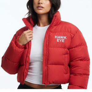Premium Women's <b>Cropped</b> Elegant Red <b>Puffer</b> <b>Jacket</b> Quilted Winter Coat Stand Collar Full Zip Fashion Outerwear - Product Image 2