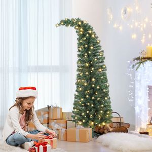 Albero di Natale preilluminato da 1,5 m con cima piegata, abete alta montagna sottile e fantasioso con 100 LED e supporto in metallo verde - Product Image 2