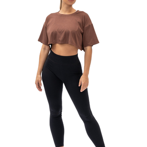 Women's Oversized Crop Top Short Sleeve O-Neck Solid Color Slim Fit Knitted 100% Cotton Casual Wear Spring Summer <b>Brown</b> - Product Image 2