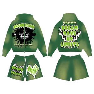 Conjunto de 2 piezas al por mayor: Sudadera con capucha con cremallera y logo bordado personalizado, y pantalón corto de algodón con lavado ácido. - Product Image 6