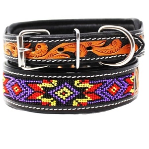 Hot Selling 100% Cow Leather Dog Collar Western Style Soft <b>Padded</b> Bead Work Floral Embossed Design Personalized Manufacturer - Product Image 1