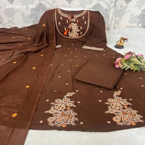 Proveedor de la India de la colección de Kurti-Pantalón-Dupatta Anarkali largo listo para usar, de algodón puro de alta calidad con bordado de hilo. - Product Image 1