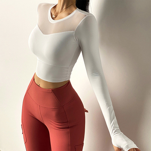 Women’s <b>Mesh</b> Patchwork Yoga <b>Crop</b> <b>Top</b> Long Sleeve Tight Fitness Workout Dance Training Sport T-Shirt - Product Image 5