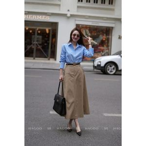 กระโปรงทรงตรงเอวสูงผ้าฝ้ายสำหรับผู้หญิง รุ่น CV753 ความยาวปานกลาง สไตล์ลำลองสำหรับใส่ทำงาน แต่งขอบเอวแบบรัดครึ่งท่อน พร้อมเข็มขัด เหมาะสำหรับใส่ในช่วงฤดูร้อน - Product Image 6
