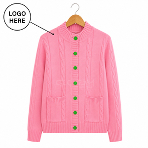 เสื้อไหมพรมคอวี แบรนด์ Cosh International Sorority Sisterhood ลายถักแบบเคเบิ้ล  รุ่นใหม่ สีพื้น ติดกระดุมด้านหน้า พร้อมโลโก้แบบสั่งทำ - Product Image 1