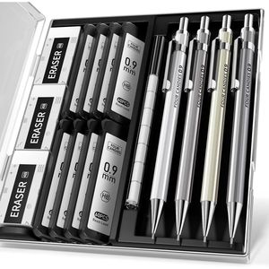 Set di 4 Matite Meccaniche in Metallo di Design con 8 Minuti di Grafite HB # 2 Ricariche per Matite, 3 Gomme 4B, 9 Gomme Era, Tutto in Uno in Pratica Custodia - Product Image 1