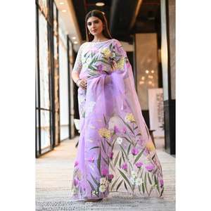 DESIGNER TABBY ORGANZA DIGITAL PRINT <b>SAREE</b> WITH UNSTITCHED BLOUSE <b>PURPLE</b> - Product Image 1