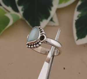 925 Sterling <b>Silver</b> Bezel Setting Wedding <b>Ring</b> Larimar Gemstone Handmade Classic <b>Boho</b> Dainty Solitaire Doted Certified by Jaipur - Product Image 4