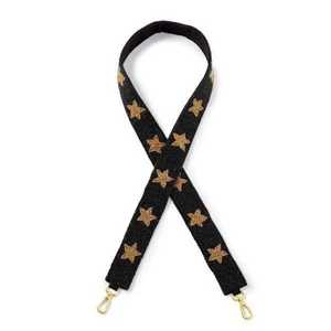 Sangle de sac à main style guitare, motif étoile dorée sur base noire, broderie artisanale de perles de rocaille, directement de l'usine - Product Image 1