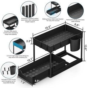 Black 2 Tier Metal <b>Bathroom</b> <b>Storage</b> Rack with Push-Pull <b>Drawer</b>, Hooks & Cups - Product Image 3