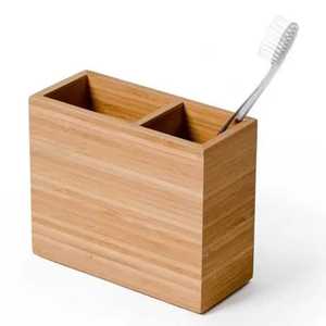 Two tone bamboo wooden <b>toothbrush</b> <b>holder</b> with dual compartment organizer for <b>toothbrush</b> toothpaste bathroom accessories - Product Image 1