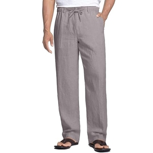 Pantalon décontracté en lin gris pour homme, taille élastique avec cordon de serrage, coupe droite, léger et respirant, idéal pour l'été, avec poches latérales - Product Image 1