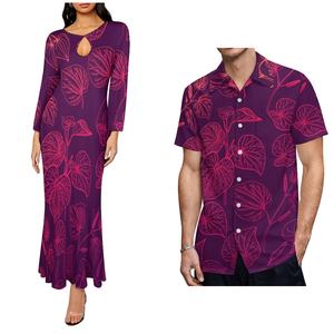 Blusa Morada para Hombre con Elegante Estampado Tropical Dorado, Conjunto de Pareja con Diseño Tribal Polinesio - Product Image 2