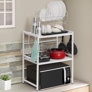 Estante de cocina de metal blanco de 2 niveles para microondas con ganchos para escurrir platos, contenedores de almacenamiento de cocina, estante para fregadero de cocina - Product Image 1