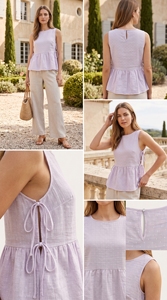 Haut peplum sans manches en tissu uni lavande avec détail de nouage au dos, ourlet évasé, taille naturelle, pour l'été et le quotidien - Product Image 1
