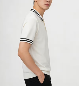 Men's Short Sleeve Solid Color Knitted Polo Shirt Regular Fit White with Black Trim Collar and Cuffs Preppy Style - Product Image 5