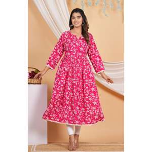 อาร์ติ แฟชั่น ชุดสูทลำลองพิมพ์ลายดอกไม้ทรงเอ คอวี แขนสามส่วน ผ้าทอ เอวยางยืด ระบายอากาศได้ดี ใส่ได้ทุกวัน - Product Image 1