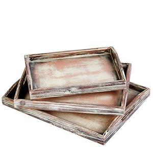 Juego de 3 bandejas de servir apilables de madera maciza vintage, estilo rústico, con asas recortadas, a buen precio. - Product Image 1
