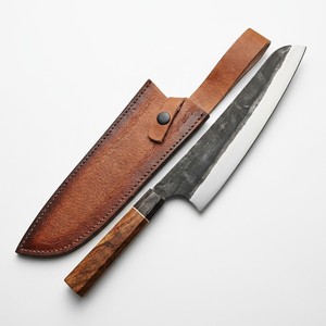Cuchillo de Cocina de Acero de Damasco Forjado a Mano, Hoja Fija, Mango de Madera de Palisandro y Resina, Funda de Cuero, Fabricación Directa de Fábrica - Product Image 1