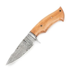Cuchillo de Camping Hecho a Mano con Hoja Recta de Acero de Damasco, Mango de Madera de Olivo y Funda de Cuero - Product Image 1