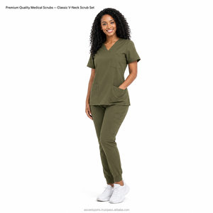 Tenue médicale unisexe de qualité supérieure en tissu tissé Spandex/Polyester, ensemble de blouses classiques à col en V, vert olive, respirant, avec poches élastiques - Product Image 1