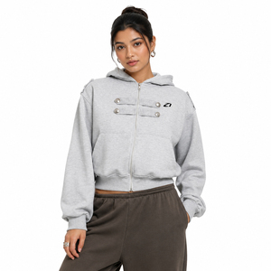 Women's Gray <b>Cropped</b> Fleece <b>Zip</b>-<b>Up</b> Hoodies Casual Sweatshirt Decorative Button Detail Custom Logo Autumn Winter Wholesale OEM - Product Image 1