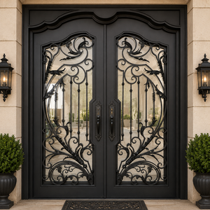 Puertas de Entrada de Hierro Forjado Personalizadas, Puerta Doble Exterior con Vidrio, Puertas de Seguridad de Lujo para Casas Residenciales y Villas - Product Image 1