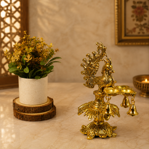 Handcrafted Golden Metal Peacock Oil <b>Lamp</b> Diya Hanging Bells Traditional Indian Handicraft Temple Tabletop Home Decor - Product Image 4