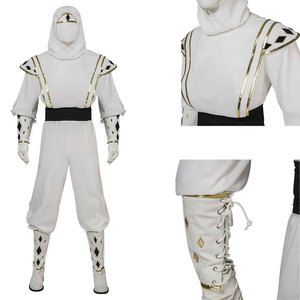 Costume de ninja blanc à capuche une pièce, bordure dorée, ceinture noire pour adultes, unisexe, coupe régulière, 100% coton extensible - Product Image 3