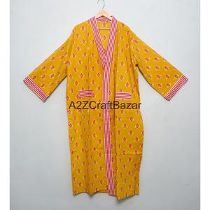 Bata Kimono de Algodón Suave para Mujer con Estampado Artesanal, Cuello en V, Manga Tres Cuartos, Largo Completo, Cierre con Cordón, Transpirable y de Secado Rápido - Product Image 1