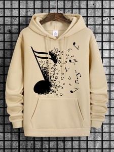 Sweat-shirt à capuche pour homme, beige, imprimé notes de musique, décontracté, pour l'automne, 100% coton, tissu éponge français, logo tricoté sur le devant - Product Image 1