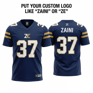 เสื้ออเมริกันฟุตบอลชาย 260 GSM ผ้าโพลีเอสเตอร์ตาข่ายพรีเมียม สีกรมท่า-ทอง แผงไหล่แบบกำหนดเอง พิมพ์ลายแบบระเหิดด้วยความร้อน - Product Image 1
