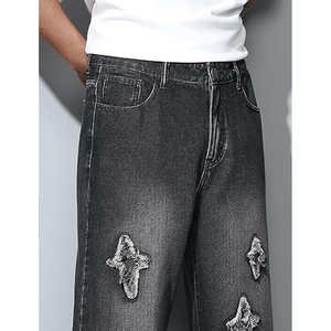 Jean en denim noir délavé coupe ample pour homme, jambe large, style décontracté urbain streetwear - Product Image 5