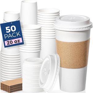 Confezione da 50 Bicchieri di Carta Resistenti da 20 oz per Caffè Caldo, Usa e Getta, con Coperchi Antigoccia e Manicotti, Ideali per Asporto e Uso Domestico - Product Image 1